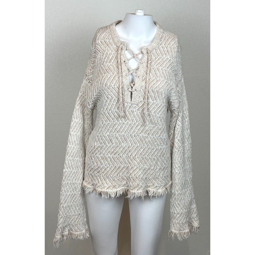 Billabong x Sincerely Jules Boho Lace Up Fringe Bell Sleeve Sweater Size S Cream